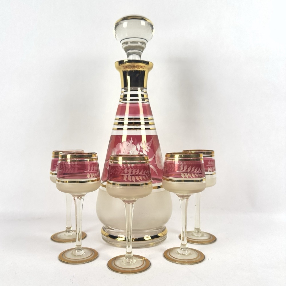 Vintage Bohemian Czech glass  7 piece decanter set